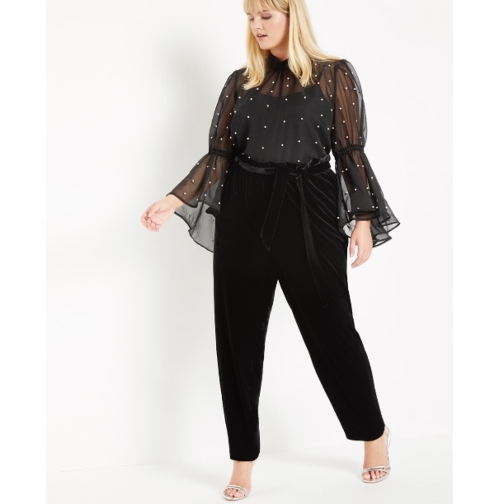 Eloquii Holiday Party Black Velvet Paperbag Waist Belted Trouser Pant Size 26 4X